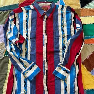Vintage Rustler by Warngler Blue/Red/White Aztec Southwestern Pearl Snap Large